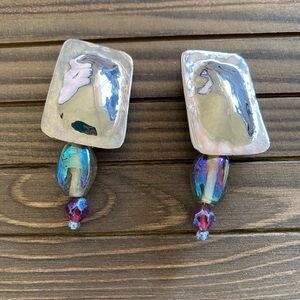 Vintage Iridescent & Silver Clip-On Earrings - Statement Dangle Abstract Design